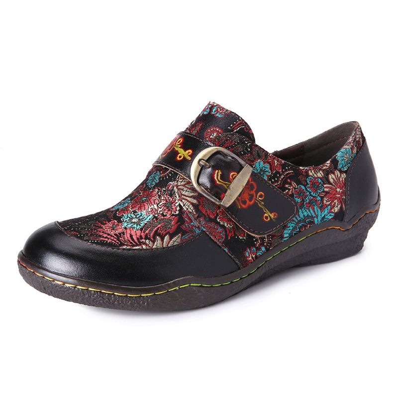 Retro Blommor Broderi Läder Präglat Plum Blossom Spänne Slip On Flat Shoes