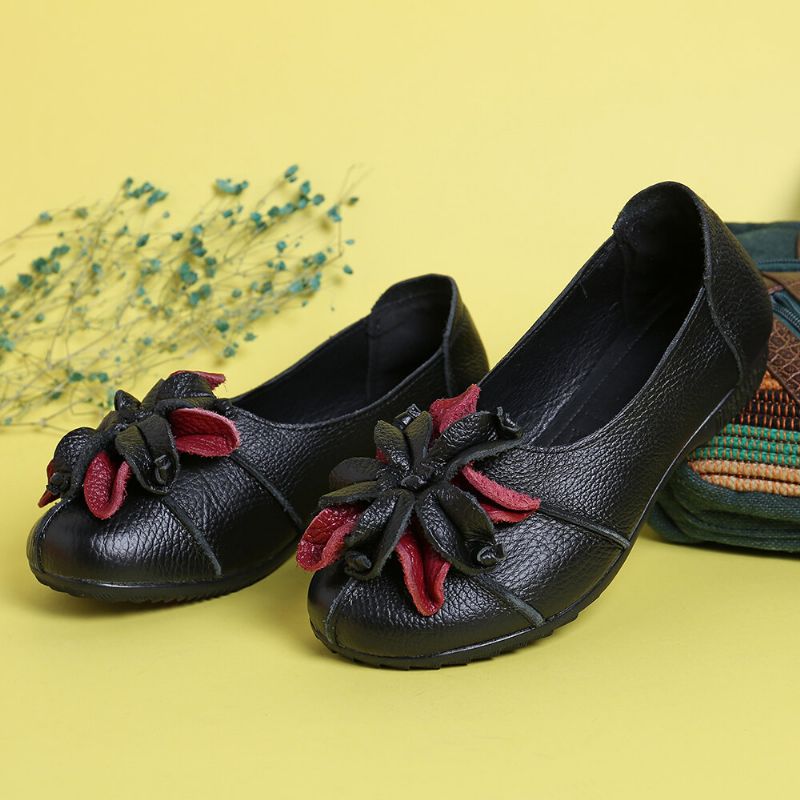 Retro Handgjorda Blomdekor Mjuka Platta Casual Loafers I Läder