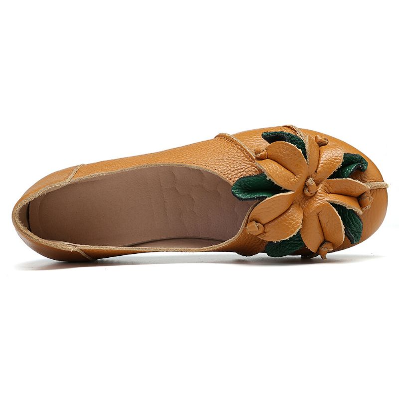 Retro Handgjorda Blomdekor Mjuka Platta Casual Loafers I Läder