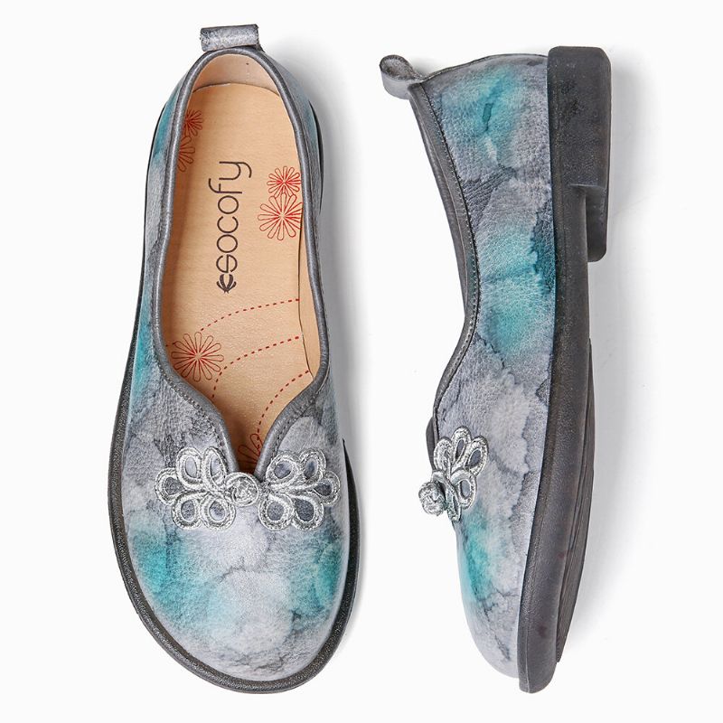 Tie-dyed Läder Kinesisk Knut Dekor Bekväm Mjuk Slip On Flat Shoes