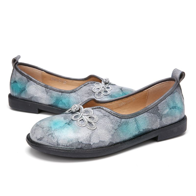 Tie-dyed Läder Kinesisk Knut Dekor Bekväm Mjuk Slip On Flat Shoes