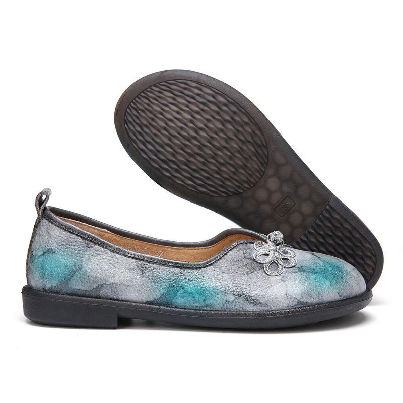 Tie-dyed Läder Kinesisk Knut Dekor Bekväm Mjuk Slip On Flat Shoes