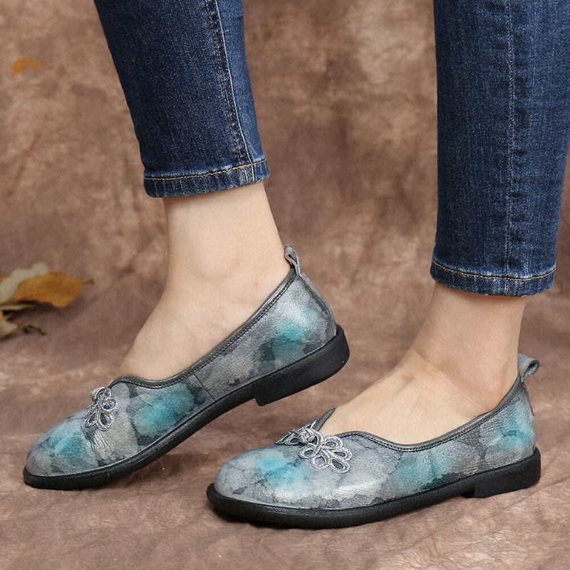 Tie-dyed Läder Kinesisk Knut Dekor Bekväm Mjuk Slip On Flat Shoes