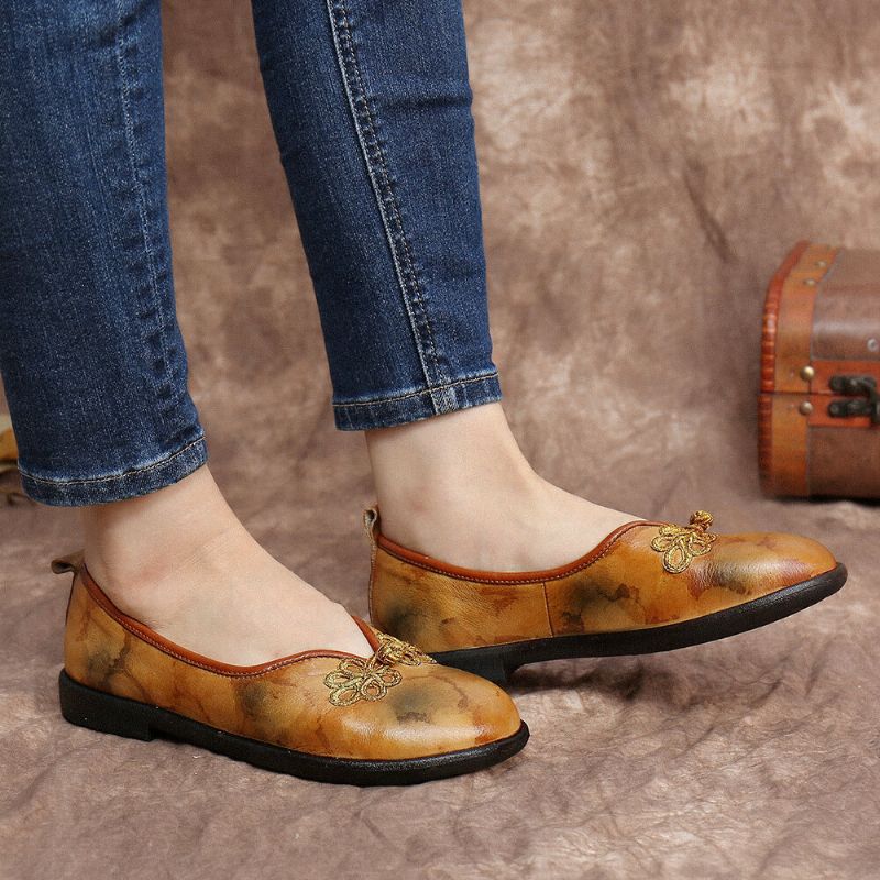 Tie-dyed Läder Kinesisk Knut Dekor Bekväm Mjuk Slip On Flat Shoes