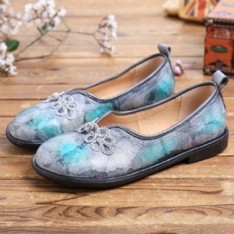 Tie-dyed Läder Kinesisk Knut Dekor Bekväm Mjuk Slip On Flat Shoes