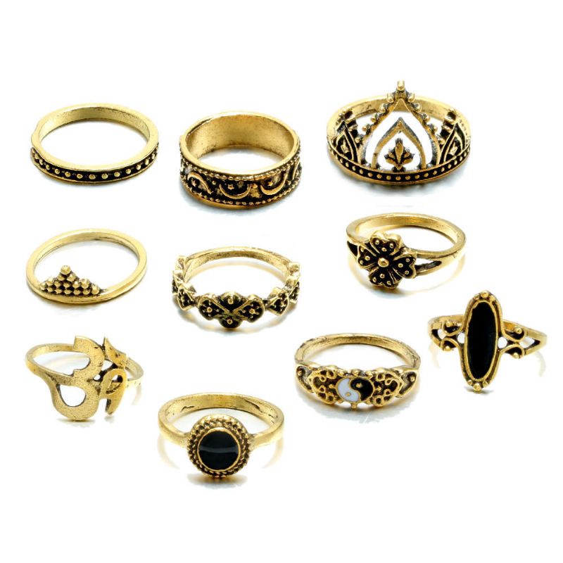 10 St Bohemian Statement Ring Set Vintage Crown Star Moon Flower Knuckle Rings For Women