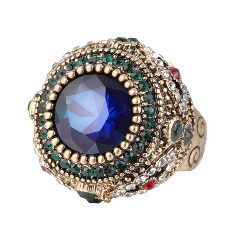 Bohemian Blue Rhinestone Finger Rings Etniska Guldpläterade Runda Geometriska Ring Smycken För Kvinnor