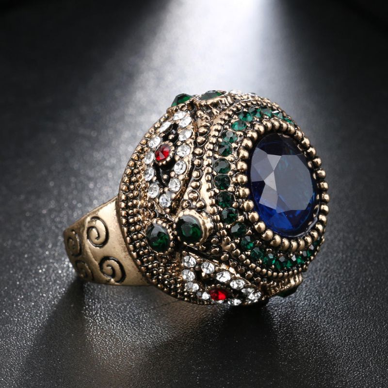 Bohemian Blue Rhinestone Finger Rings Etniska Guldpläterade Runda Geometriska Ring Smycken För Kvinnor