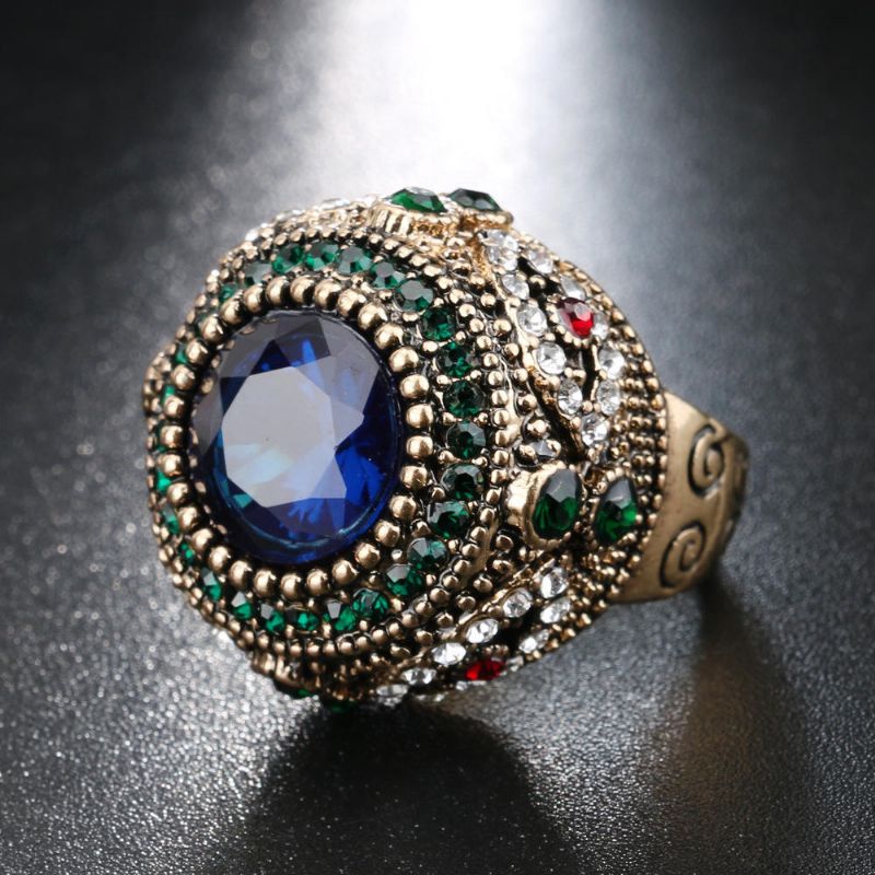 Bohemian Blue Rhinestone Finger Rings Etniska Guldpläterade Runda Geometriska Ring Smycken För Kvinnor