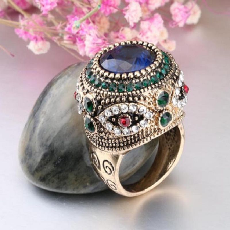 Bohemian Blue Rhinestone Finger Rings Etniska Guldpläterade Runda Geometriska Ring Smycken För Kvinnor