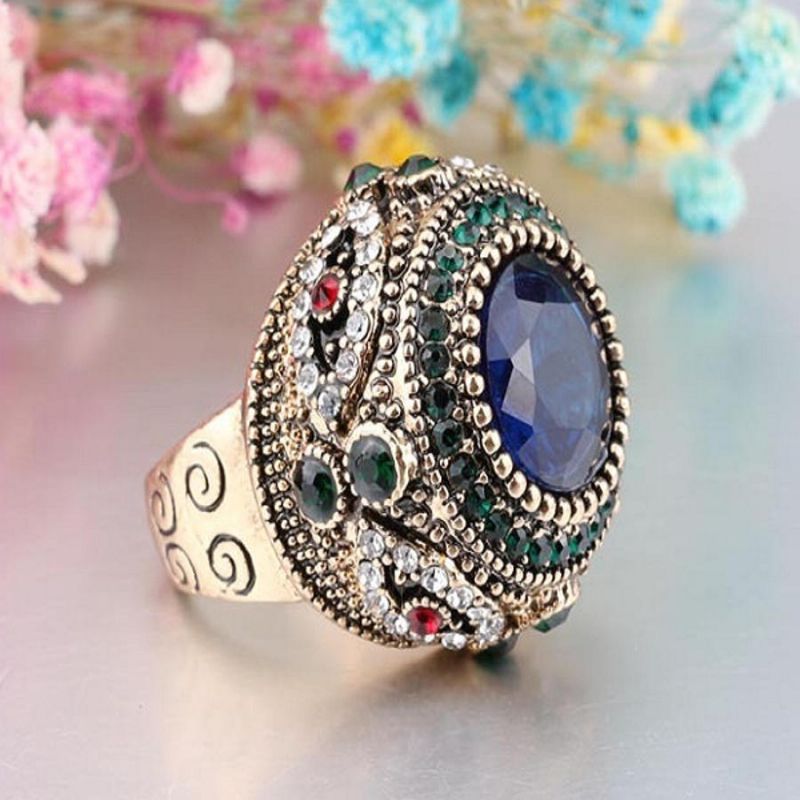 Bohemian Blue Rhinestone Finger Rings Etniska Guldpläterade Runda Geometriska Ring Smycken För Kvinnor