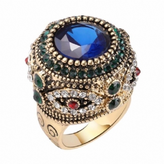 Bohemian Blue Rhinestone Finger Rings Etniska Guldpläterade Runda Geometriska Ring Smycken För Kvinnor