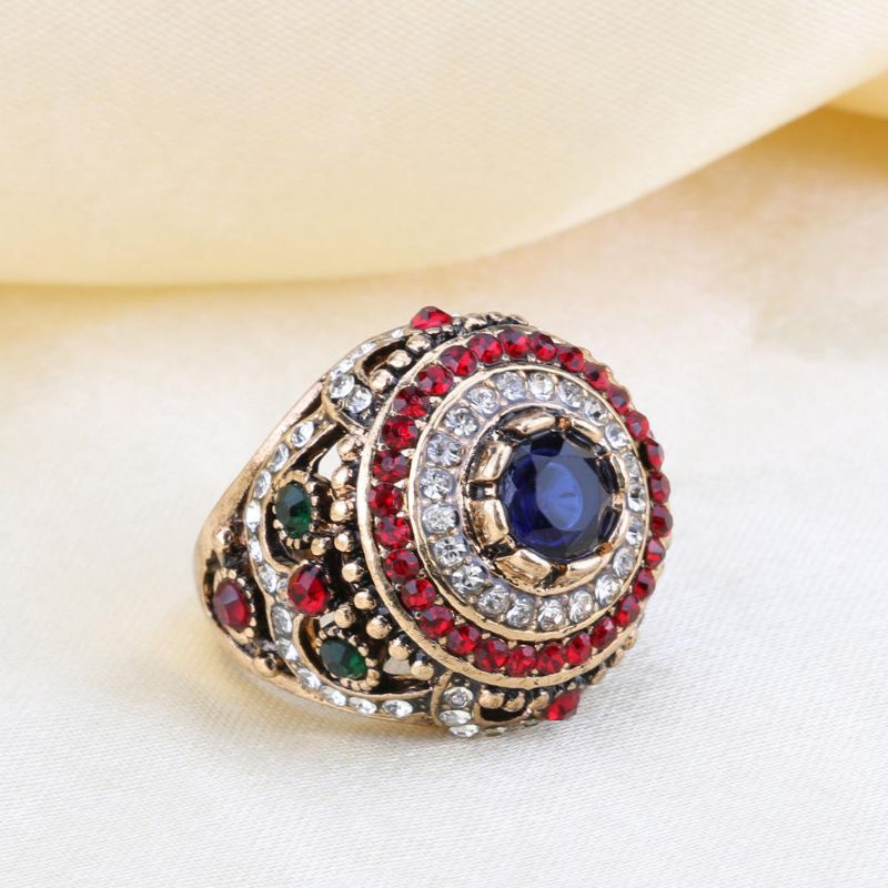 Bohemian Guldpläterad Finger Ring Opal Blue Resin Crystal Hollow Rings Etnisk Present Till Kvinnor