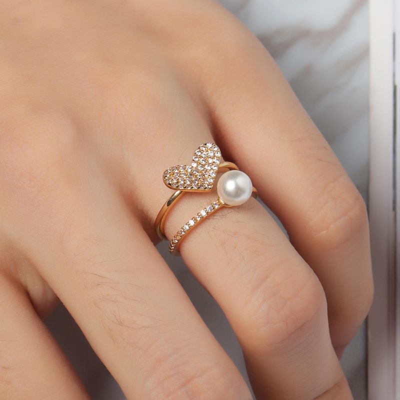 Fashion Open End Ring 18k Guldpläterad Zirconia Dubbellager Hjärta Pearl Ring För Kvinnor