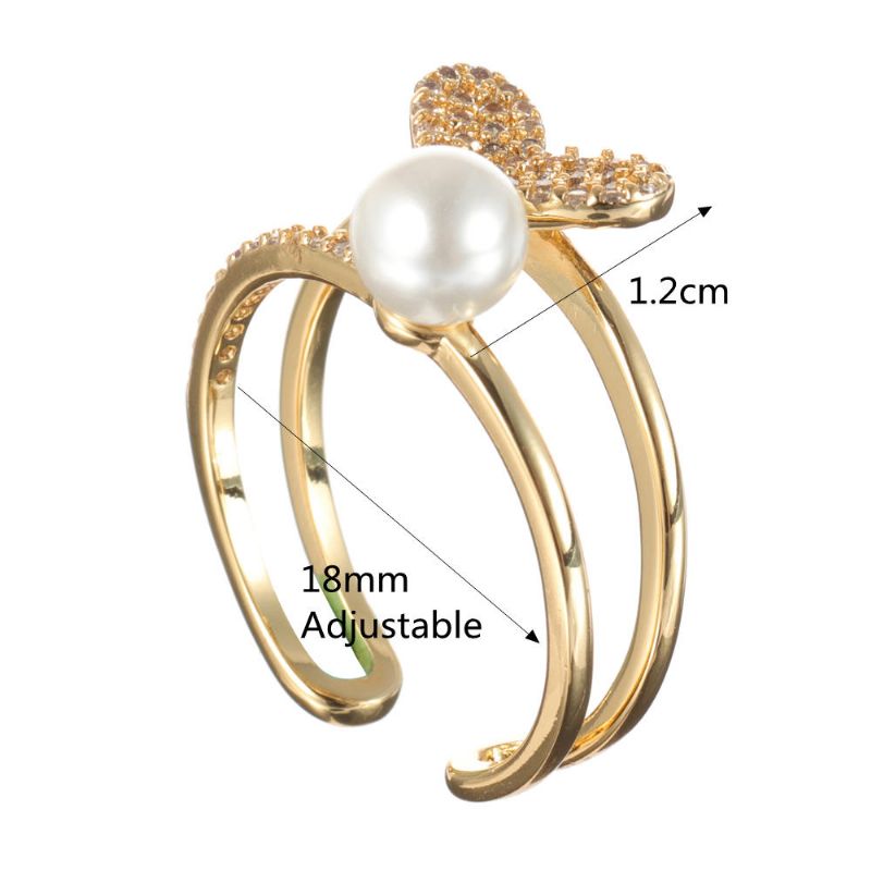 Fashion Open End Ring 18k Guldpläterad Zirconia Dubbellager Hjärta Pearl Ring För Kvinnor