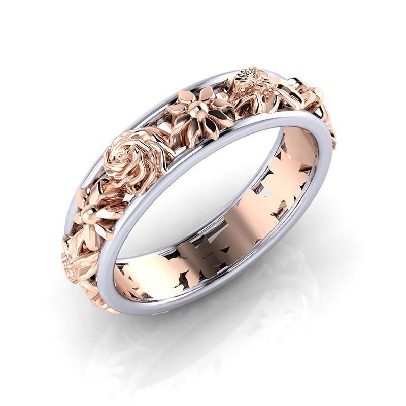 Mode Dubbelfärg Blomma Finger Ring Rund Form Rose Guld Dam Ringar Smycken