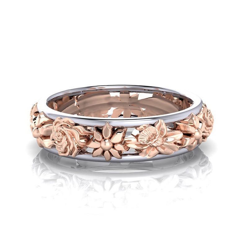 Mode Dubbelfärg Blomma Finger Ring Rund Form Rose Guld Dam Ringar Smycken