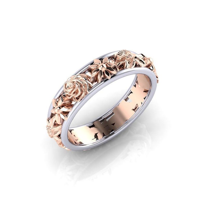 Mode Dubbelfärg Blomma Finger Ring Rund Form Rose Guld Dam Ringar Smycken