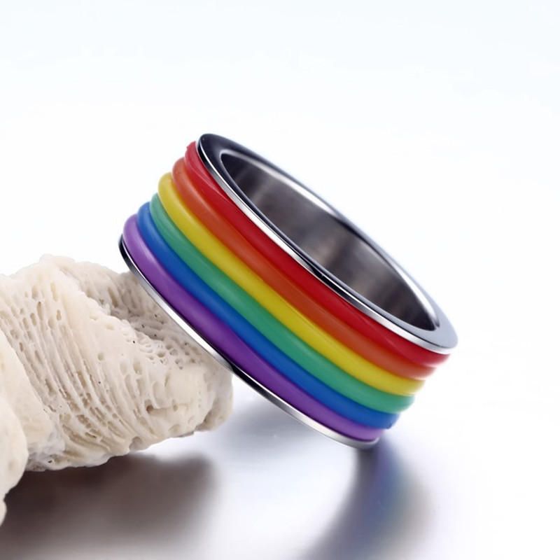 Mode Rostfritt Stål Finger Ring Rainbow Silikon Ring För Kvinnor Män Lgbt Band Unisex Smycken