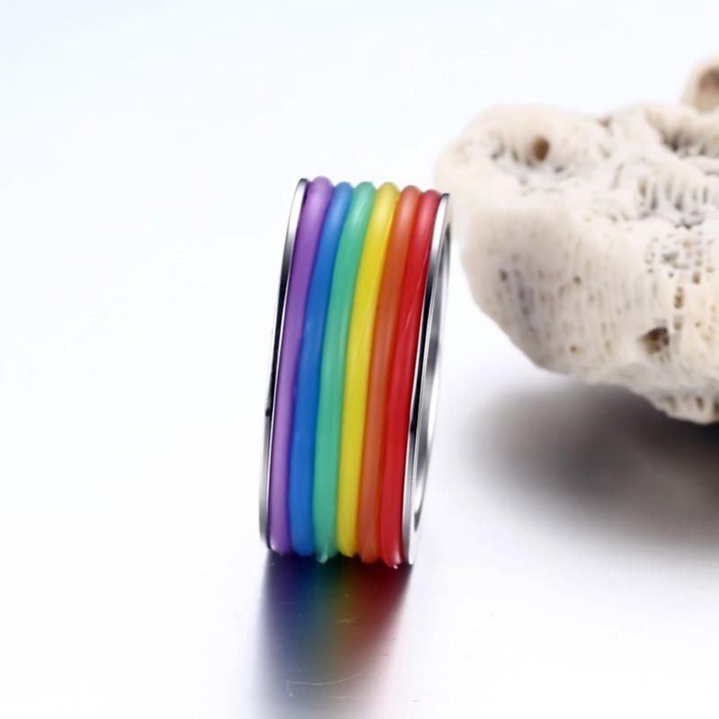 Mode Rostfritt Stål Finger Ring Rainbow Silikon Ring För Kvinnor Män Lgbt Band Unisex Smycken