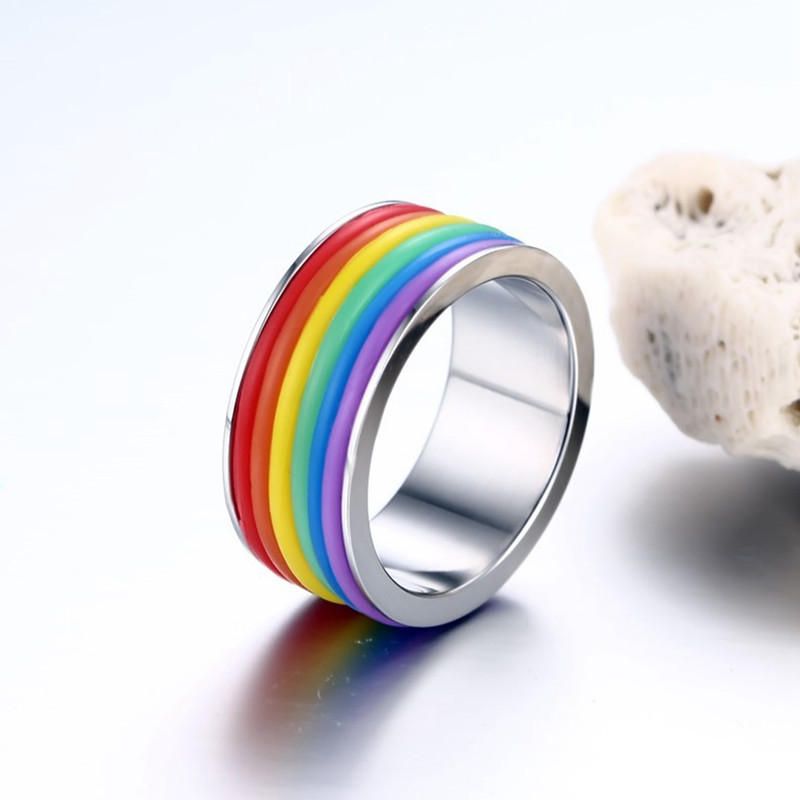 Mode Rostfritt Stål Finger Ring Rainbow Silikon Ring För Kvinnor Män Lgbt Band Unisex Smycken