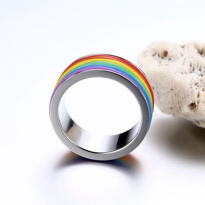 Mode Rostfritt Stål Finger Ring Rainbow Silikon Ring För Kvinnor Män Lgbt Band Unisex Smycken