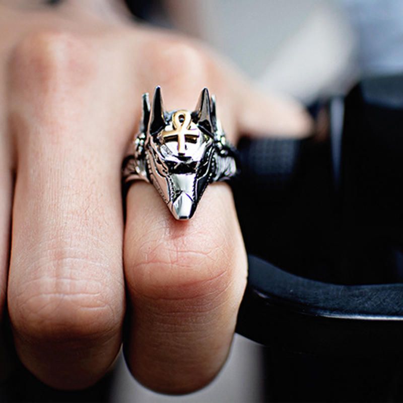 Punk Finger Ring Titanium Steel Cross Anubis Head Porträtt Finger Rings Accessoarer Smycken För Män