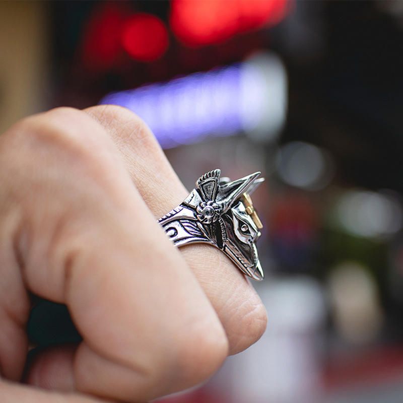 Punk Finger Ring Titanium Steel Cross Anubis Head Porträtt Finger Rings Accessoarer Smycken För Män