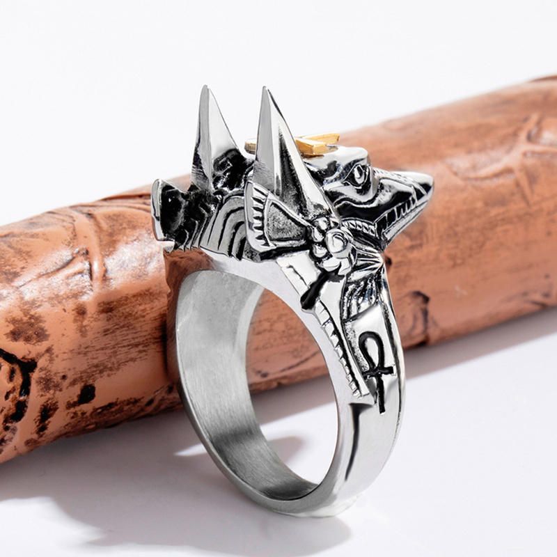 Punk Finger Ring Titanium Steel Cross Anubis Head Porträtt Finger Rings Accessoarer Smycken För Män