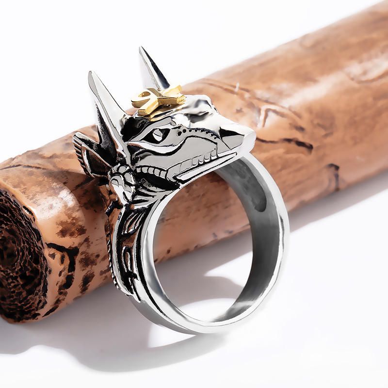 Punk Finger Ring Titanium Steel Cross Anubis Head Porträtt Finger Rings Accessoarer Smycken För Män