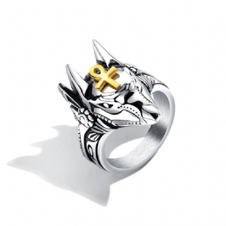 Punk Finger Ring Titanium Steel Cross Anubis Head Porträtt Finger Rings Accessoarer Smycken För Män