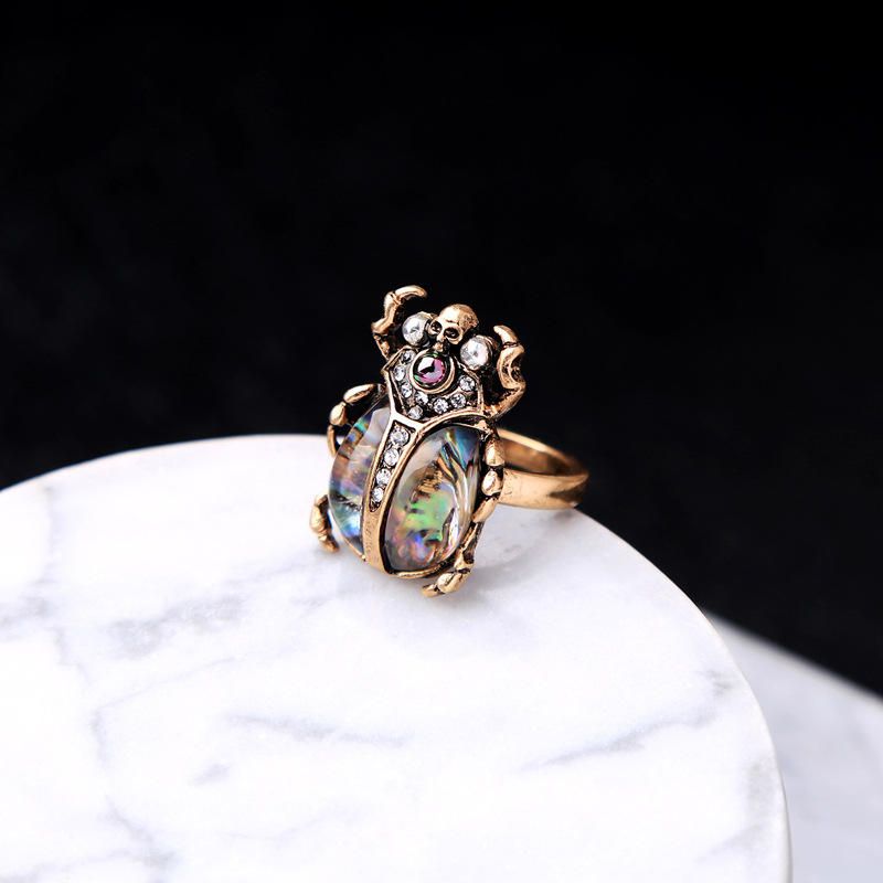 Retro Nyckelpiga Dam Ring Färgglad Strass Finger Ring Brons Metall Ring