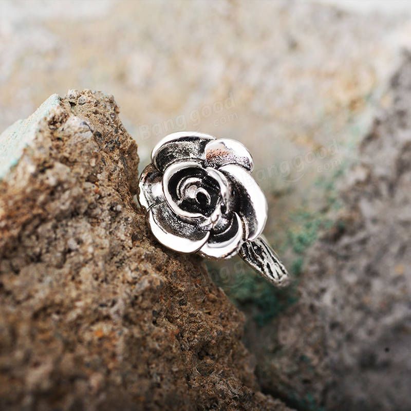 Sweet Flower Antique Silve Finger Rings Elegant Snidad Rose Flower Ring Söt Jewerly For Girl Women