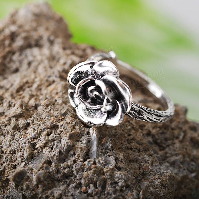 Sweet Flower Antique Silve Finger Rings Elegant Snidad Rose Flower Ring Söt Jewerly For Girl Women