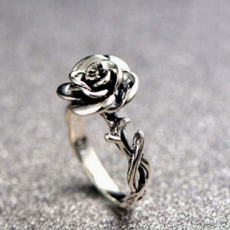 Sweet Flower Antique Silve Finger Rings Elegant Snidad Rose Flower Ring Söt Jewerly For Girl Women