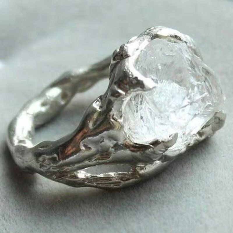 Vintage Geometrisk Oregelbunden Naturlig Kristallmalmring Metall Ihåliga Genomskinliga Ädelstensfingerringar