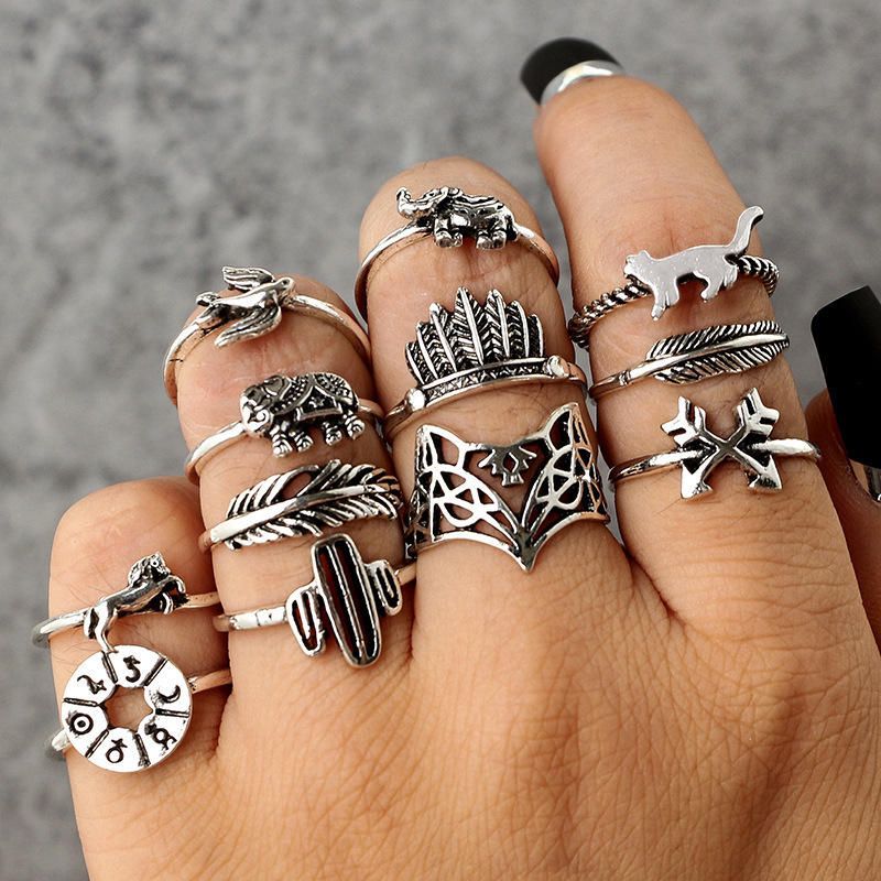 Vintage Geometriska Djurringar Set Hollow Cactus Foxs Knogring Trendiga Smycken För Kvinnor