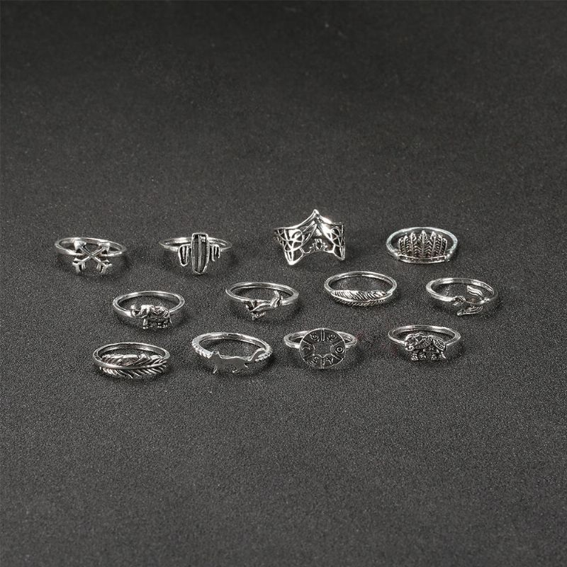 Vintage Geometriska Djurringar Set Hollow Cactus Foxs Knogring Trendiga Smycken För Kvinnor