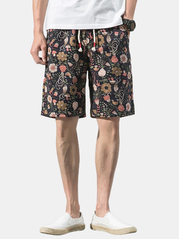 Bomull Herr Blommigt Tryck Pocket Dragsko Casual Shorts