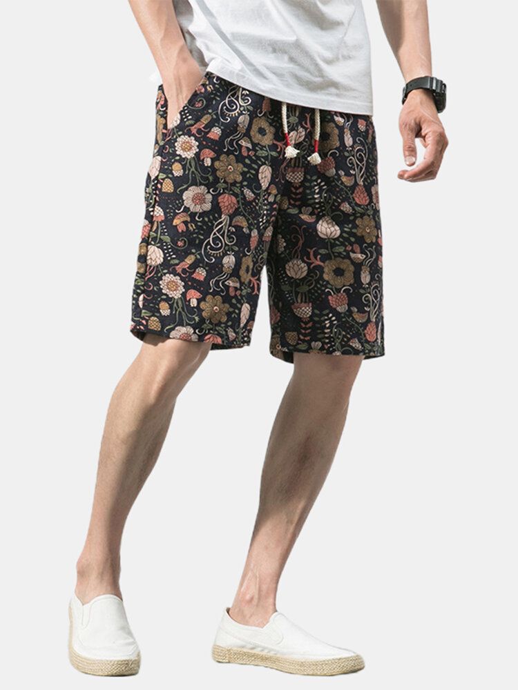 Bomull Herr Blommigt Tryck Pocket Dragsko Casual Shorts