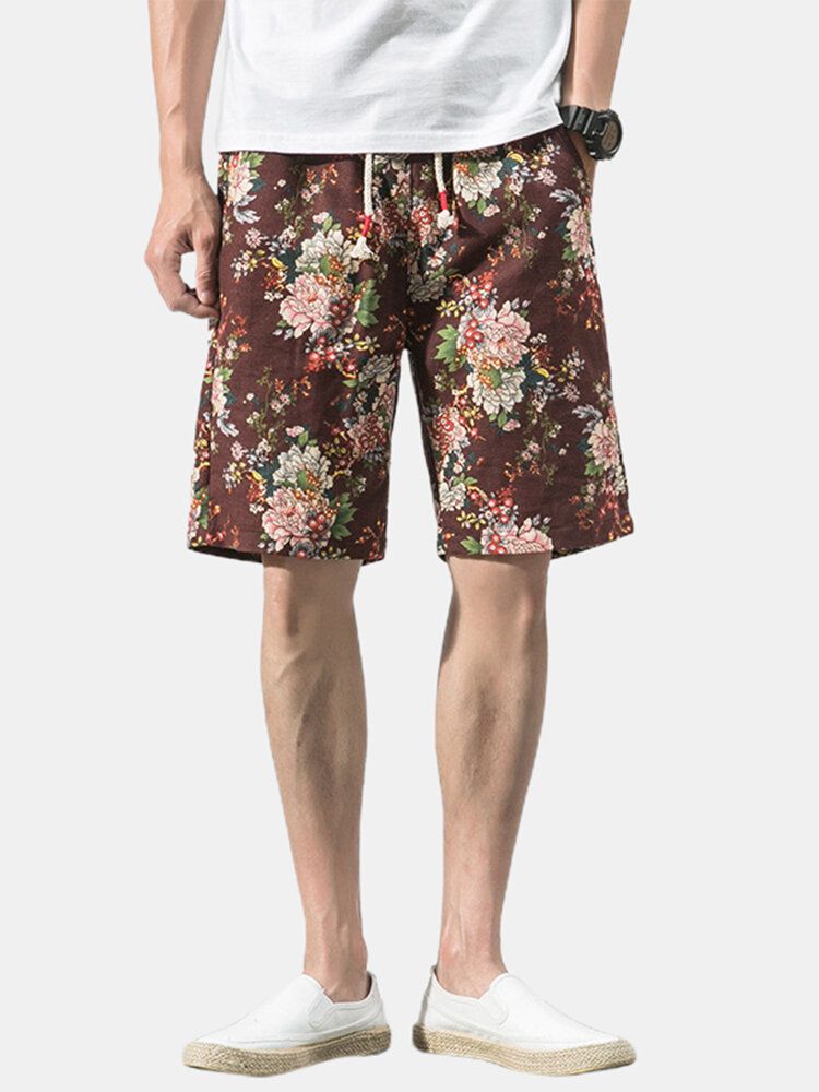 Bomull Herr Blommigt Tryck Pocket Dragsko Casual Shorts