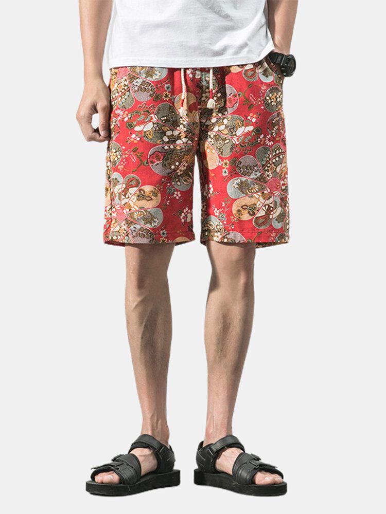 Bomull Herr Blommigt Tryck Pocket Dragsko Casual Shorts