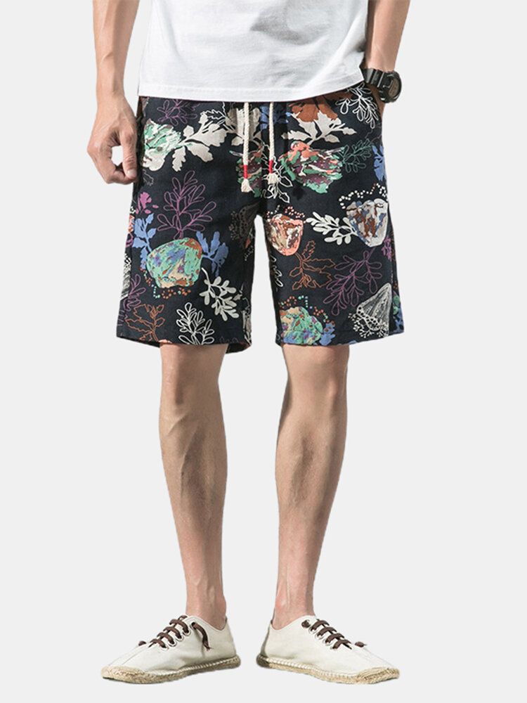 Bomull Herr Blommigt Tryck Pocket Dragsko Casual Shorts