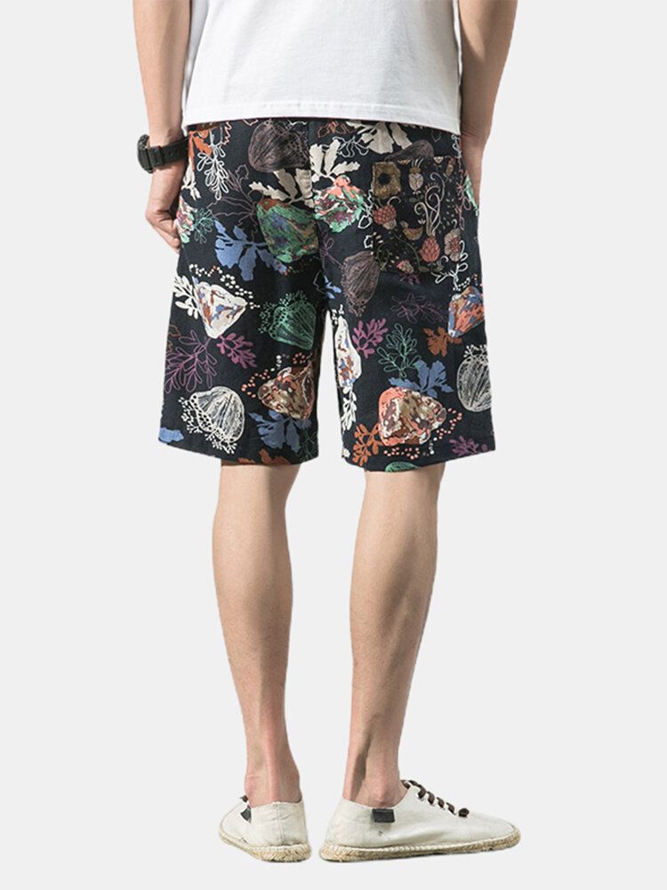 Bomull Herr Blommigt Tryck Pocket Dragsko Casual Shorts