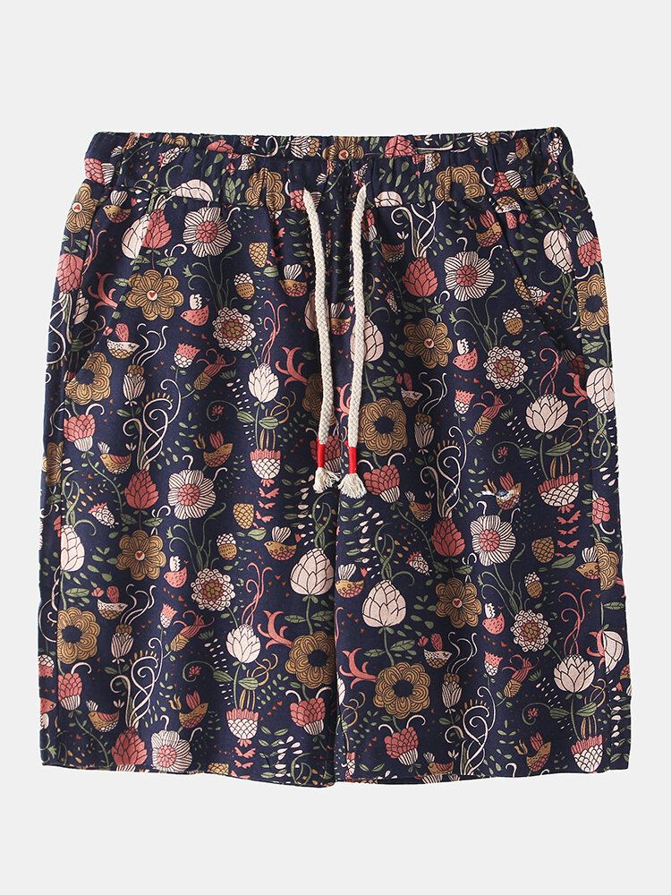 Bomull Herr Blommigt Tryck Pocket Dragsko Casual Shorts