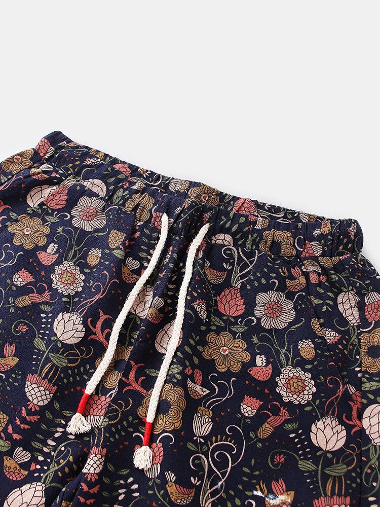 Bomull Herr Blommigt Tryck Pocket Dragsko Casual Shorts