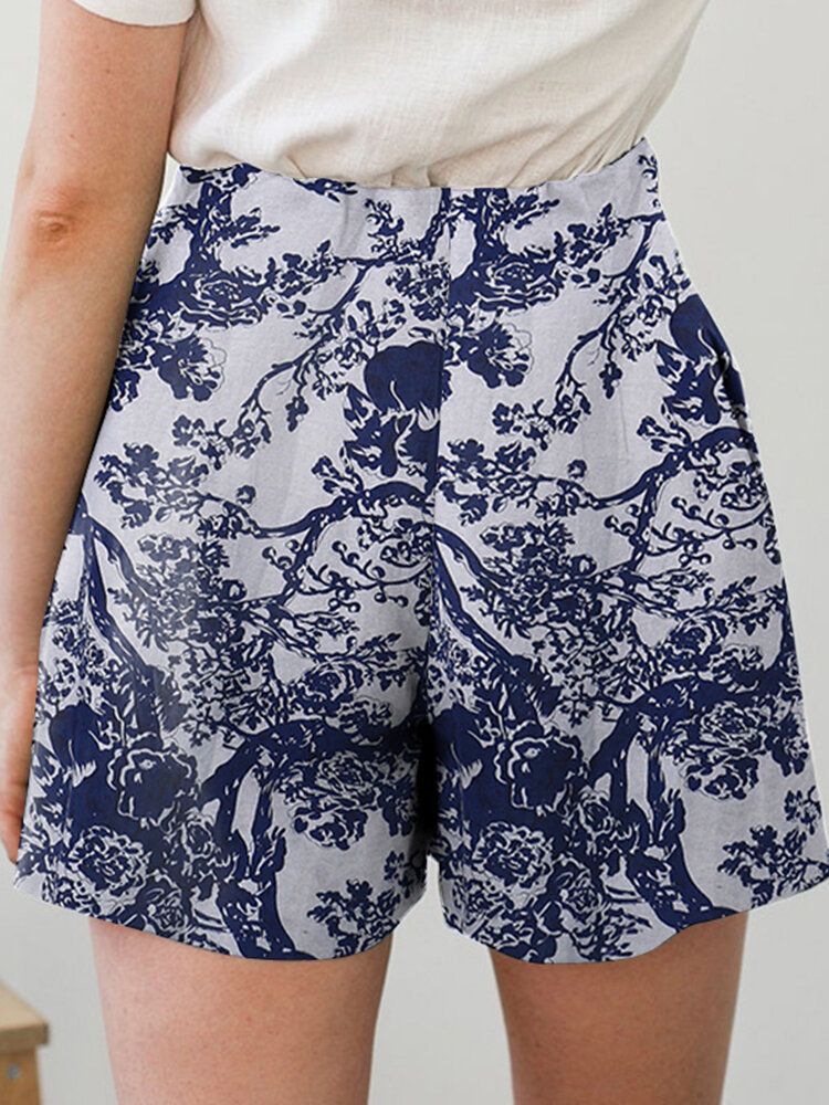 Cotton Plant Print Pocket Ruched Casual Shorts