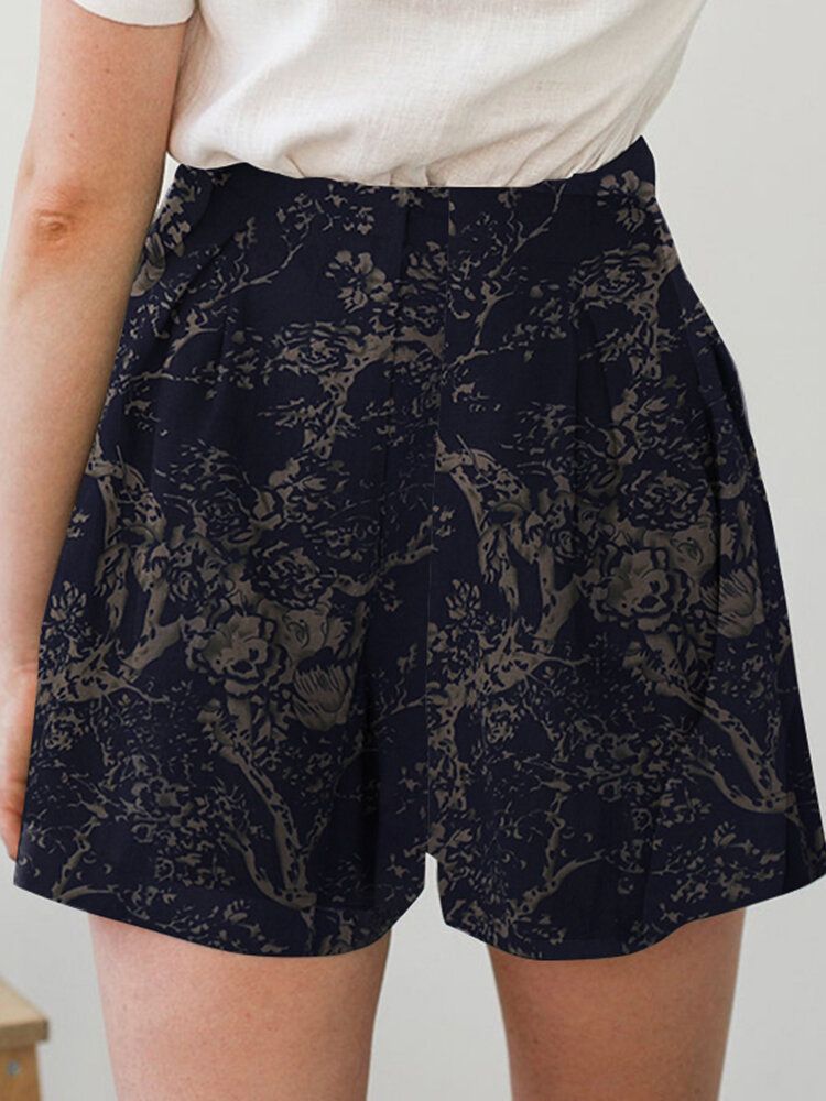 Cotton Plant Print Pocket Ruched Casual Shorts