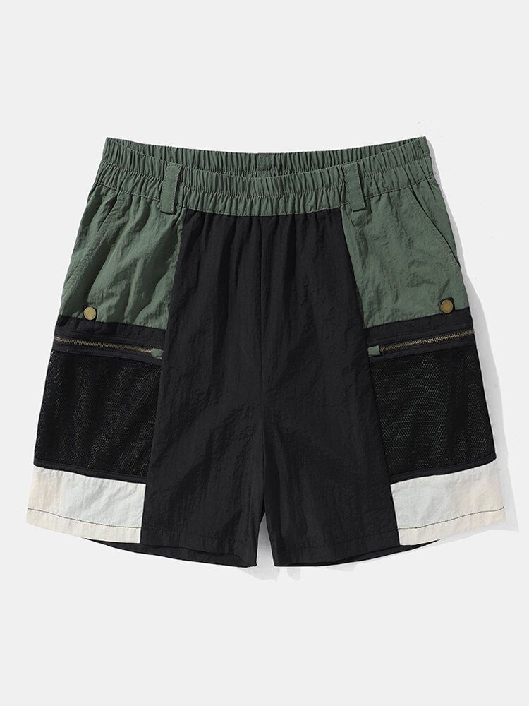 Herr Colorblock Zip Pocket Bältade Elastiska Midja Shorts