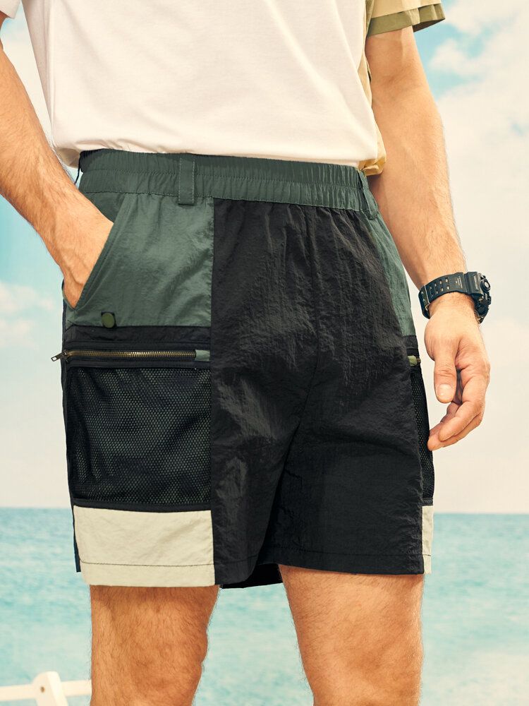 Herr Colorblock Zip Pocket Bältade Elastiska Midja Shorts